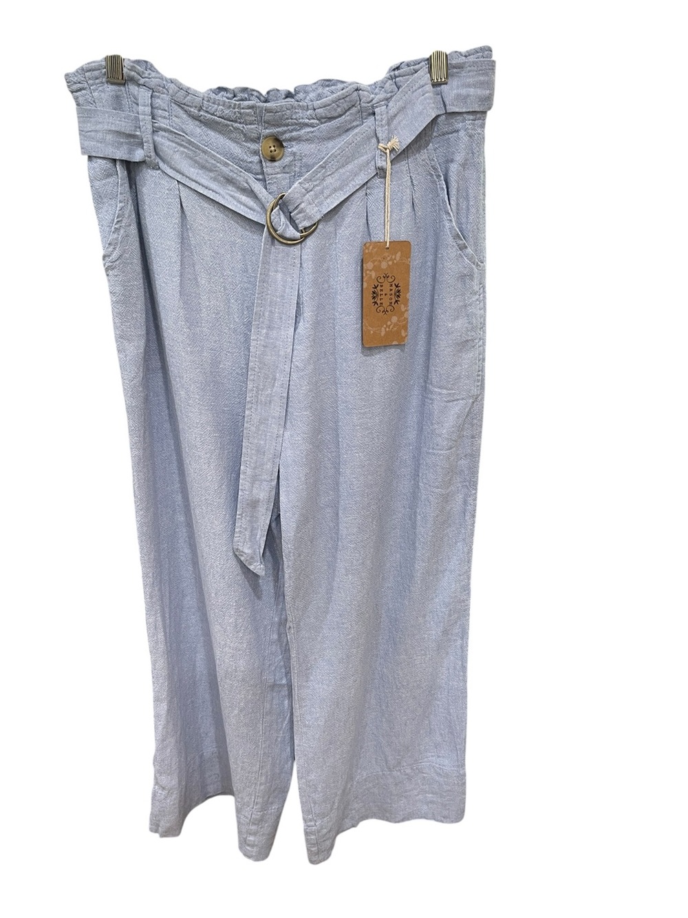 New Mason & Belle Linen Blend Wide Leg Belted Pants Chambray Blue SZ 10 12